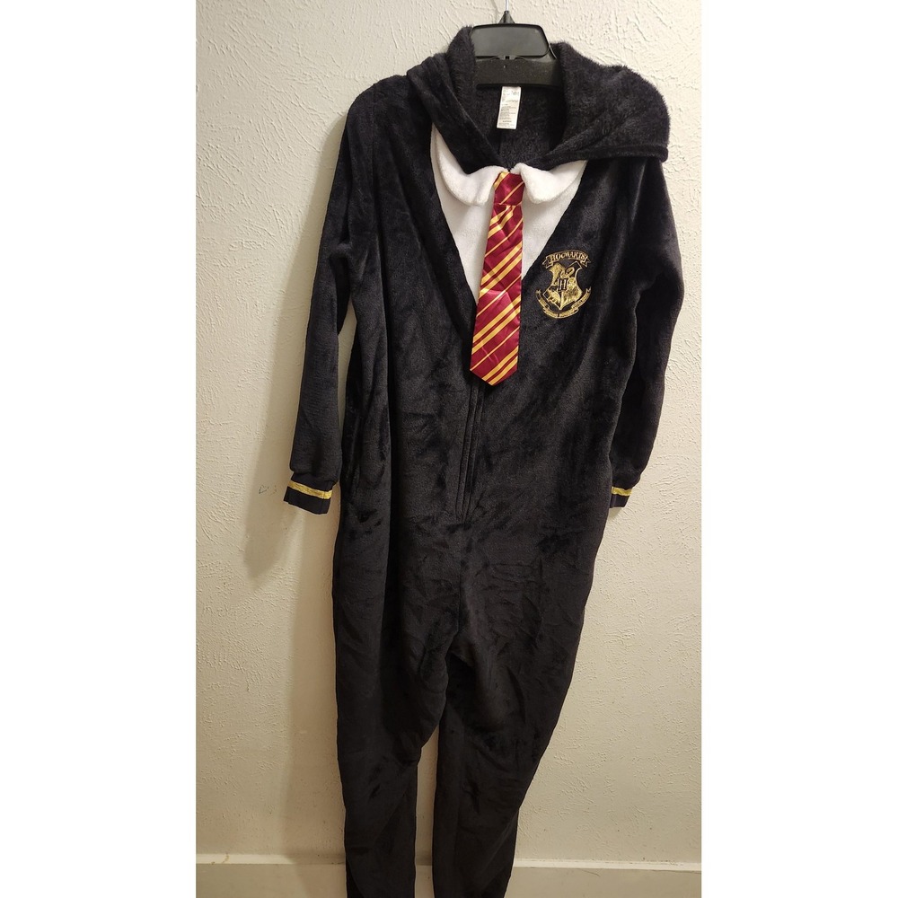 Harry Potter One pc Pajamas Women's XL Black Hooded Hogwarts Gryffindor Tie
